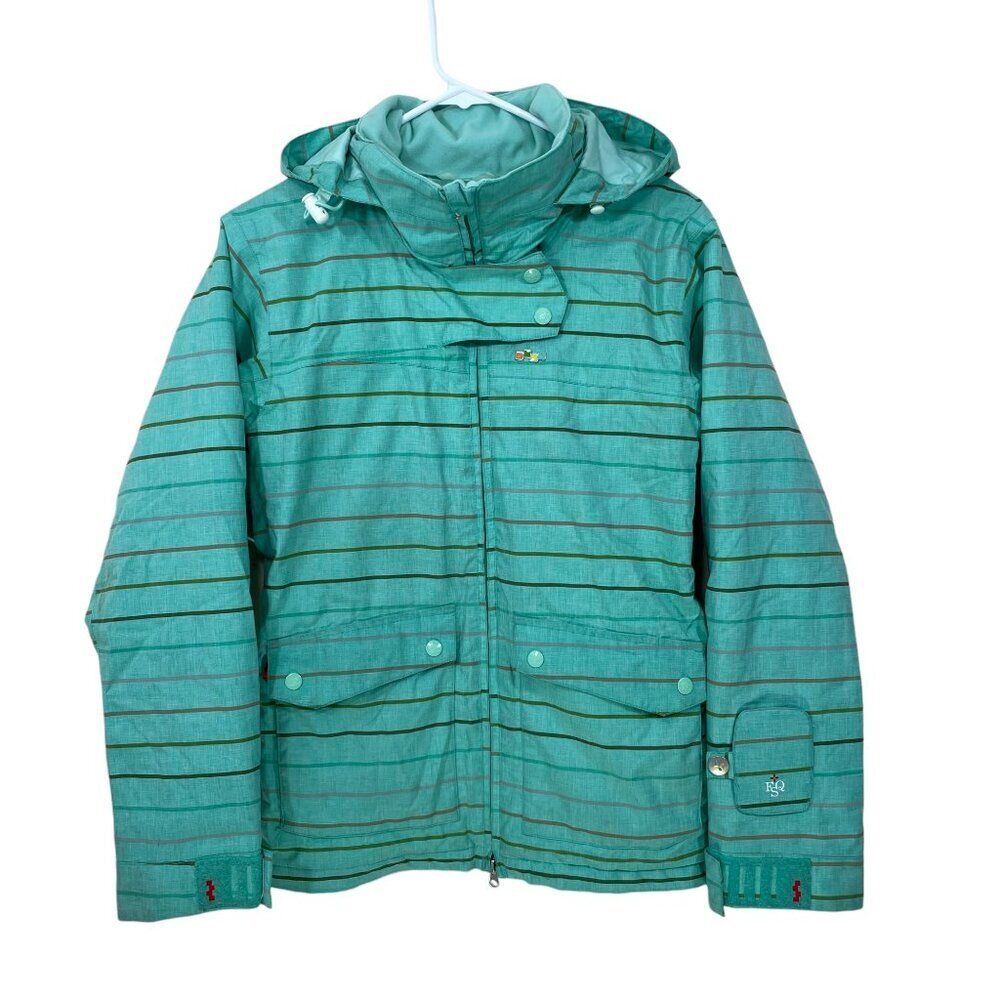 Foursquare Snowboard Women's Size S Hooded Jacket Mint Green Blue Striped‎